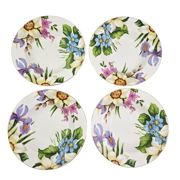 Emeiald White Floral Print Large Rimmed Ceramic Soup Salad Bowls – Set of 4 - Picture 1 of 16